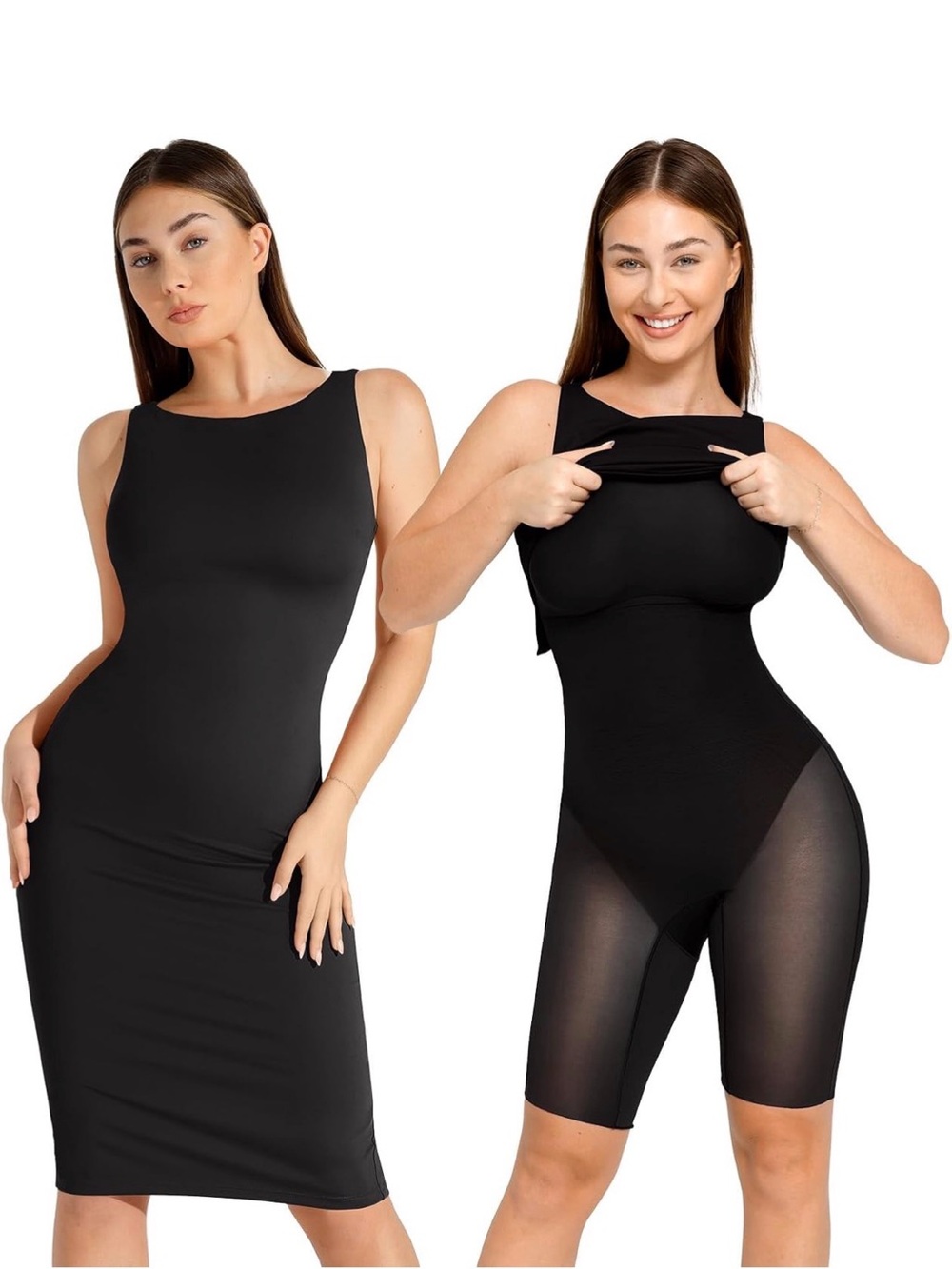 Popilush Built In Shapewear Dress Black Midi Sleeveless Boat Neck Large